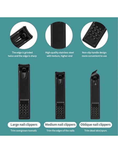 Cortaúñas negro de 18 piezas, juego de cortaúñas de belleza