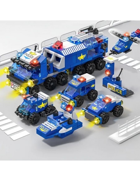 Juego de bloques de construcción con tema de equipo de policía 6 en 1, combinación deformable compatible con Lego