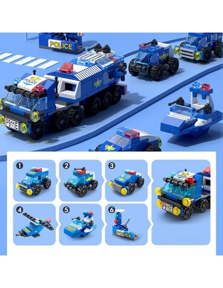 Juego de bloques de construcción con tema de equipo de policía 6 en 1, combinación deformable compatible con Lego