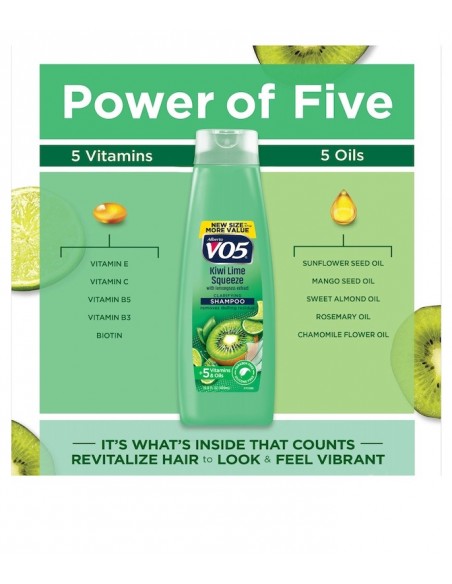 Champú Clarificante Kiwi Lime Squeeze VO5, Enriquecido con Vitaminas y Aceites Esenciales, 15 fl oz