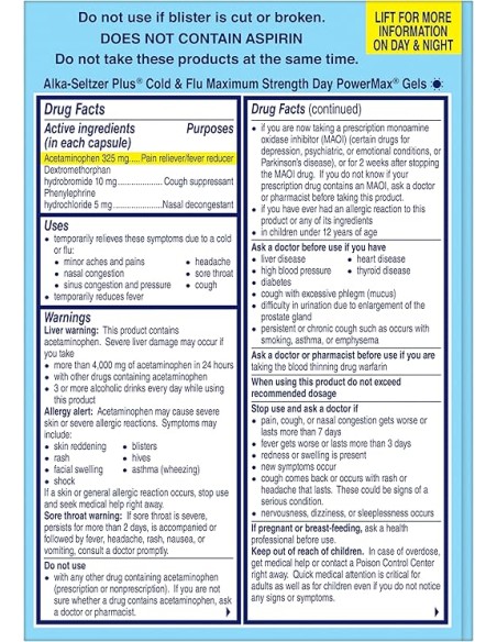 Alka-Seltzer Plus Power Max Medicina para el resfriado y la gripe de día+noche