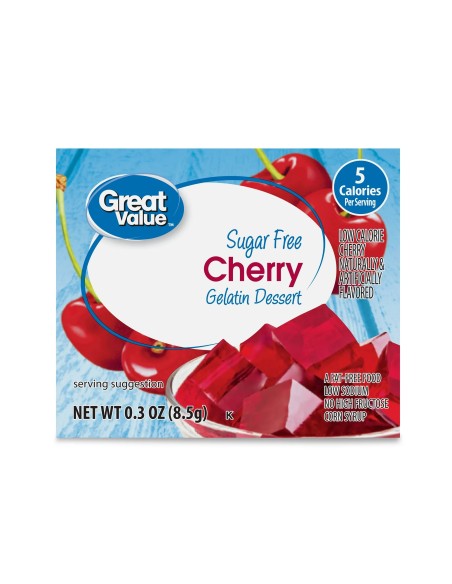 Great Value Postre de Gelatina de Cereza sin Azúcar 0.3 oz con 4 Porciones por Caja.