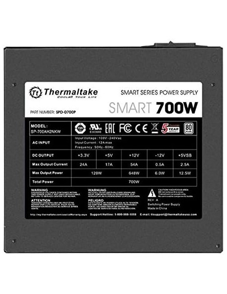 Fuente de alimentación Thermaltake Smart 700 W 80+ White ATX 12V v2.3 / EPS 12V, ventilador ultra silencioso 120 mm