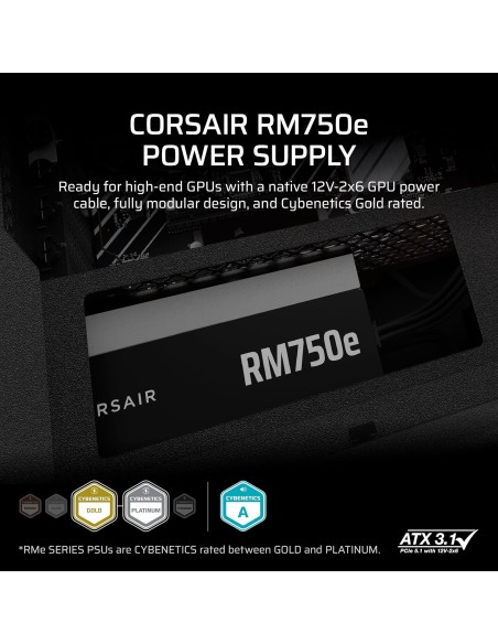 Fuente de alimentación totalmente modular CORSAIR RM750e (2025)750 W, ATX 3.1 y PCIe 5.1, eficiencia Gold