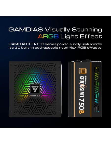 Fuente de alimentación GAMDIAS Kratos M1 750B  750 W 80+ Bronze, ATX compatible, iluminación RGB y ventilador silencioso