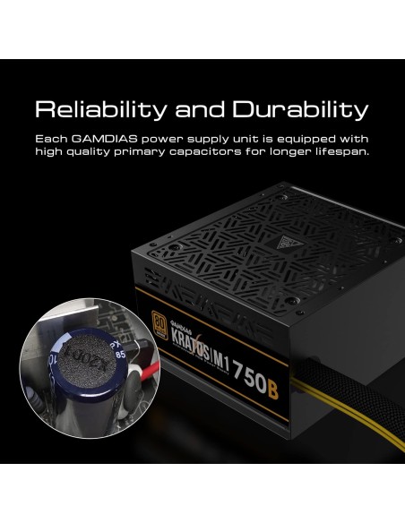 Fuente de alimentación GAMDIAS Kratos M1 750B  750 W 80+ Bronze, ATX compatible, iluminación RGB y ventilador silencioso