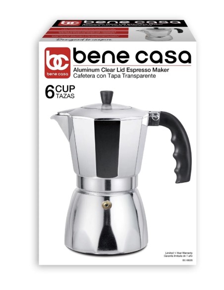 Cafetera de Estufa Bene Casa Aluminio 6 Tazas con Tapa Transparente Diseño Clásico