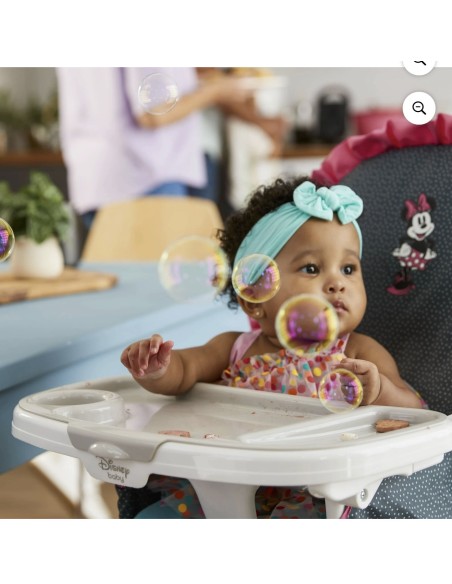 Trona Disney Baby 3D Ultra Full Size Modern Minnie Silla de bebé ajustable con bandeja lavable y diseño Minnie Mouse