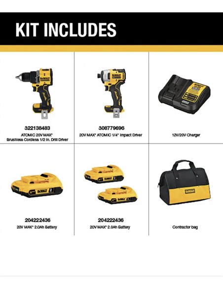 Kit DEWALT ATOMIC 20V MAX (2 herramientas) Taladro y destornillador de impacto con baterías y bolsa( entrega en 60 días aproxi)