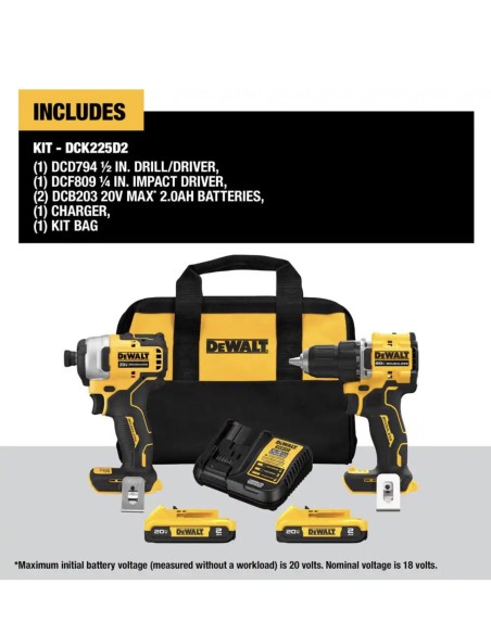 Kit DEWALT ATOMIC 20V MAX (2 herramientas) Taladro y destornillador de impacto con baterías y bolsa( entrega en 60 días aproxi)