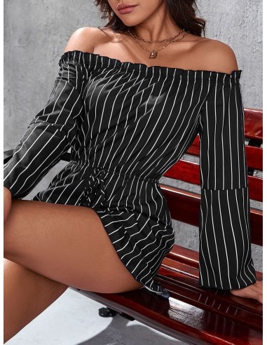 SHEIN PETITE Mono con estampado de rayas de hombros descubiertos con nudo delantero bajo con fruncido